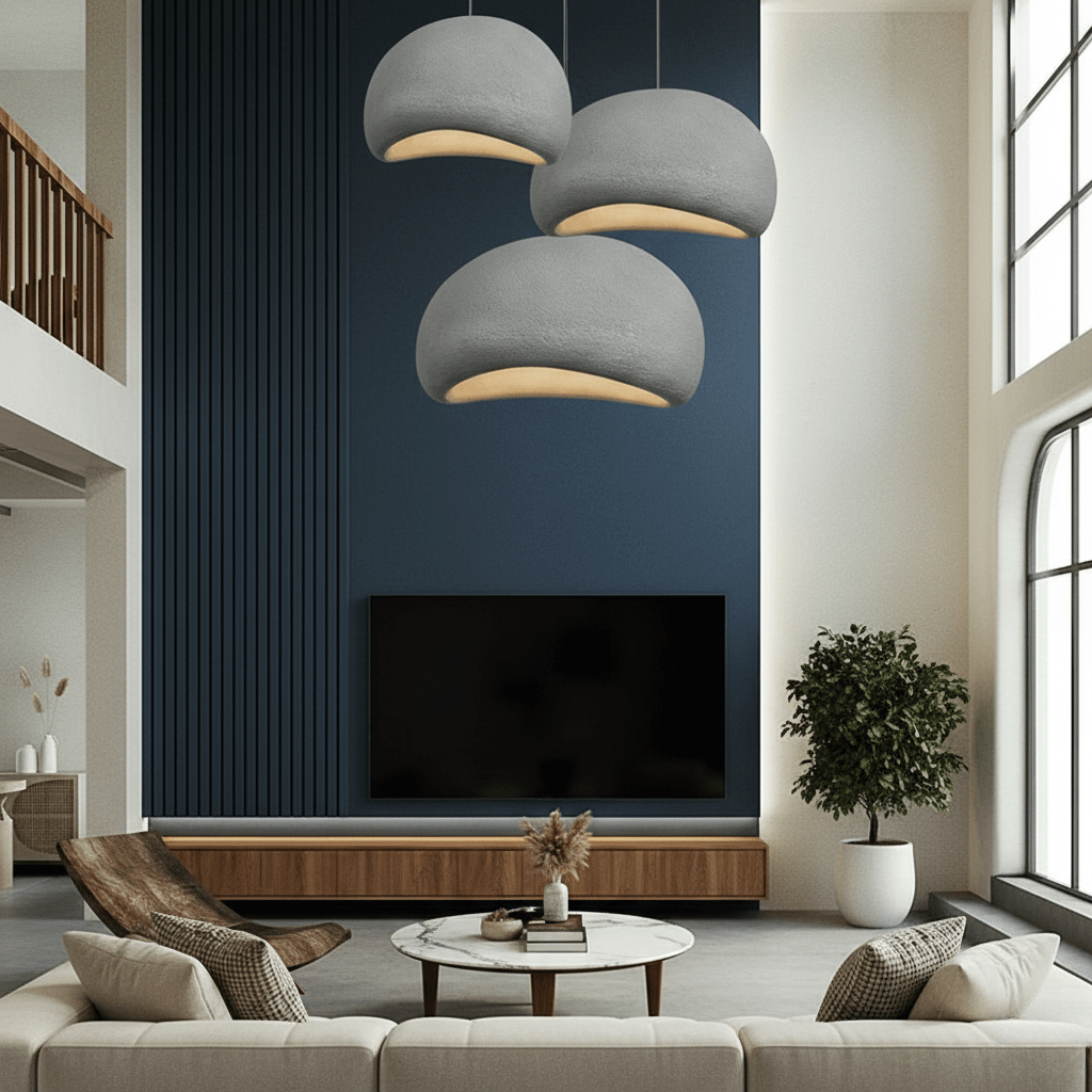 Curved dome pendant light with visible bulb suspended in a modern living room