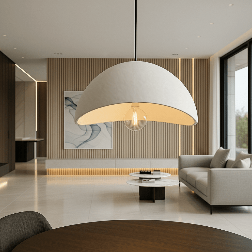 Curved dome pendant light with visible bulb suspended in a modern living room