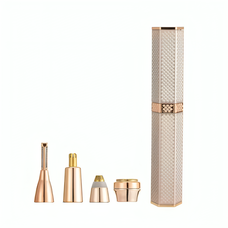Rose gold 4-in-1 rechargeable facial trimmer with four attachments
