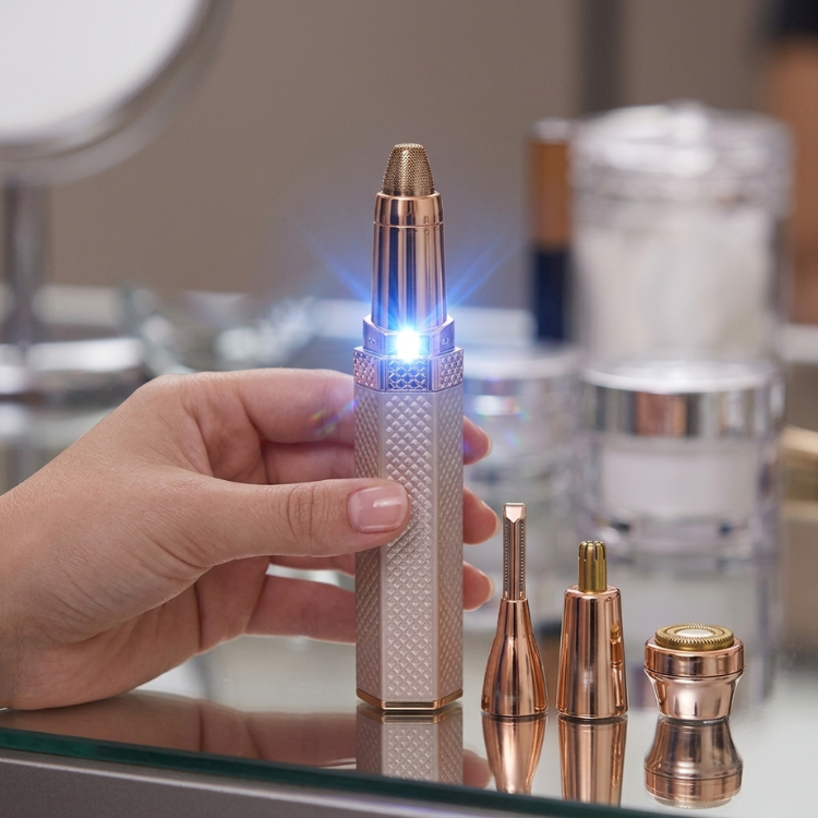 Rose gold 4-in-1 rechargeable facial trimmer with four attachments