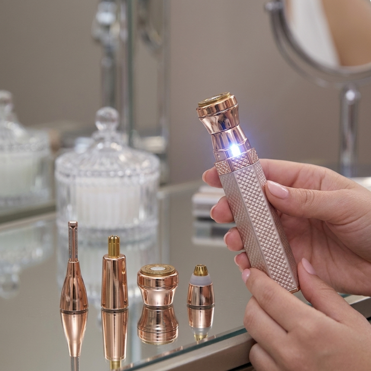 Rose gold 4-in-1 rechargeable facial trimmer with four attachments