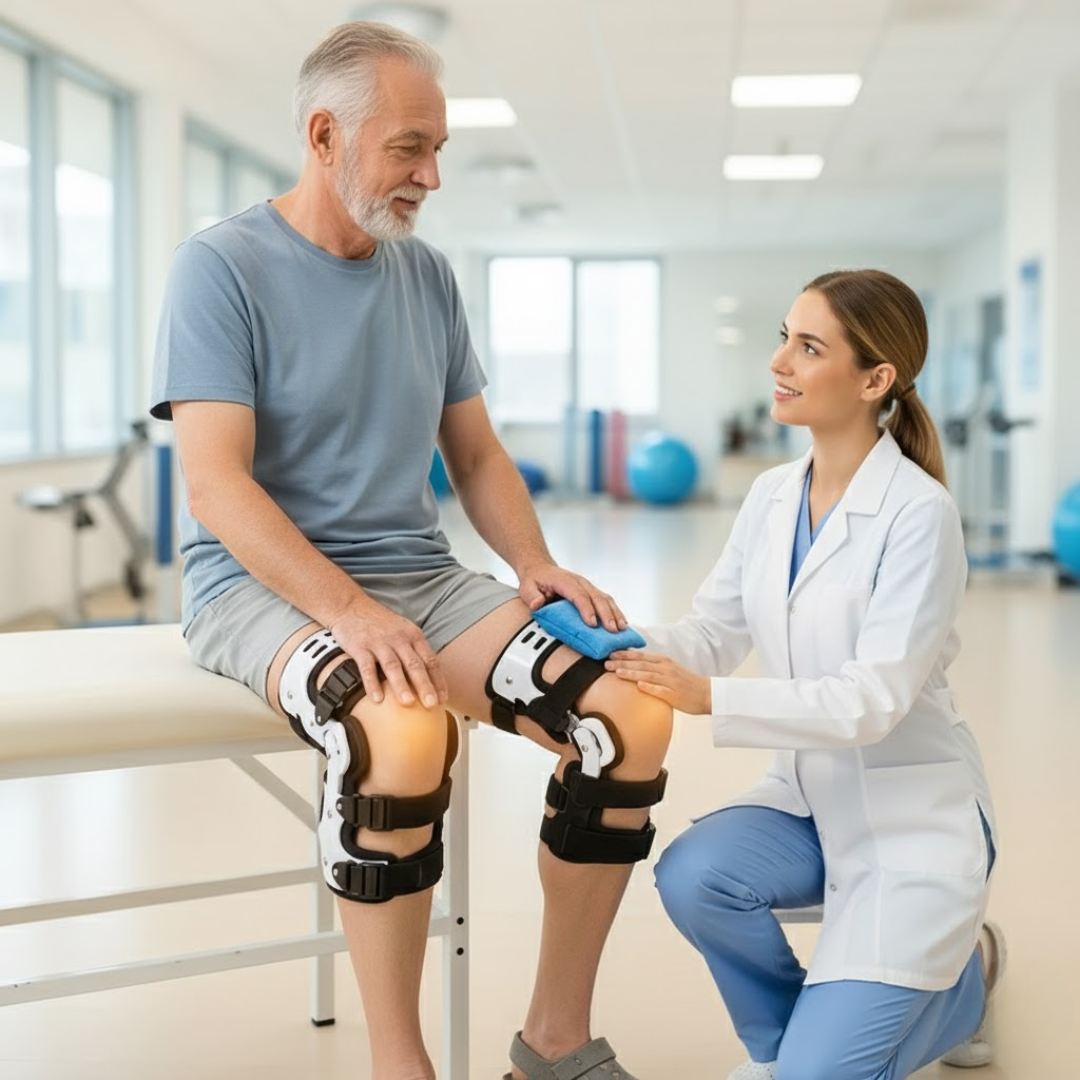 White and black hinged knee brace with adjustable straps