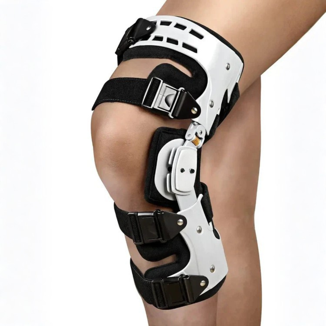 White and black hinged knee brace with adjustable straps