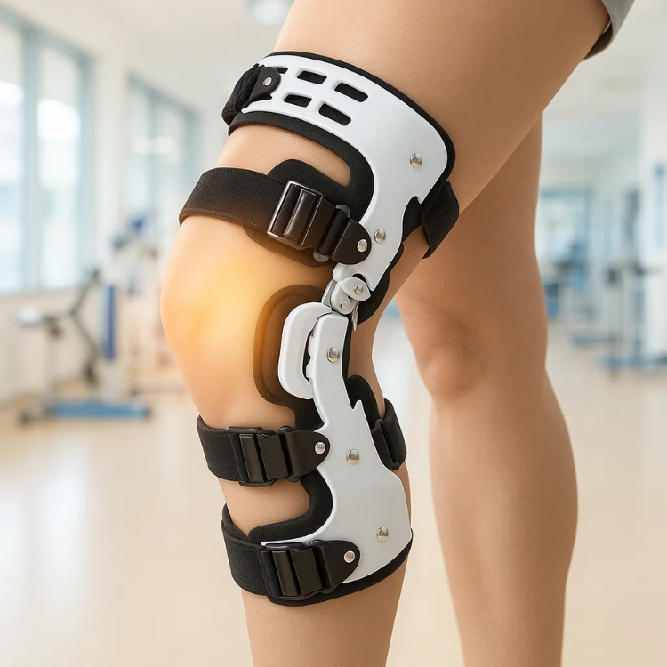 White and black hinged knee brace with adjustable straps