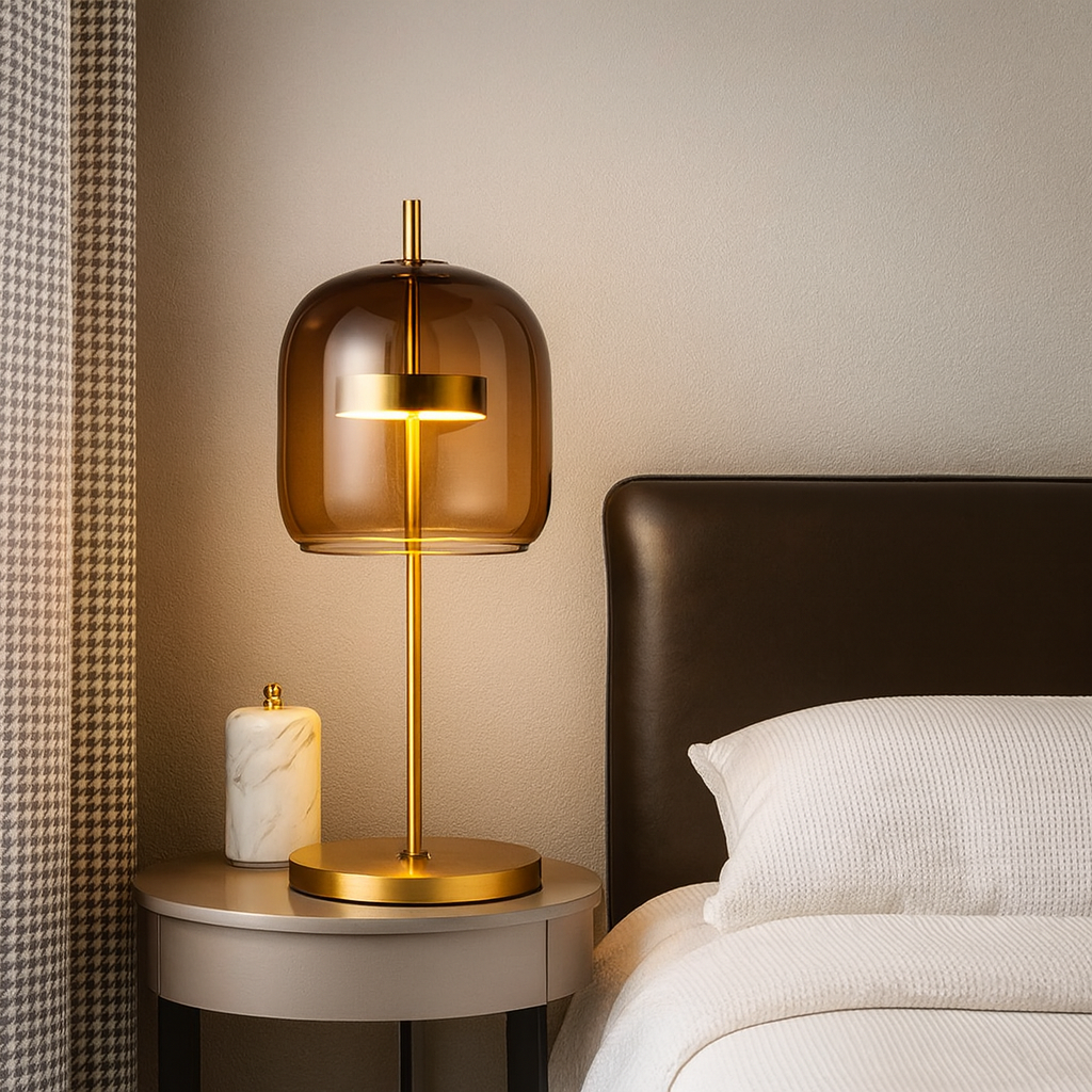 Table lamp with rounded tinted glass shade, central stem and circular base