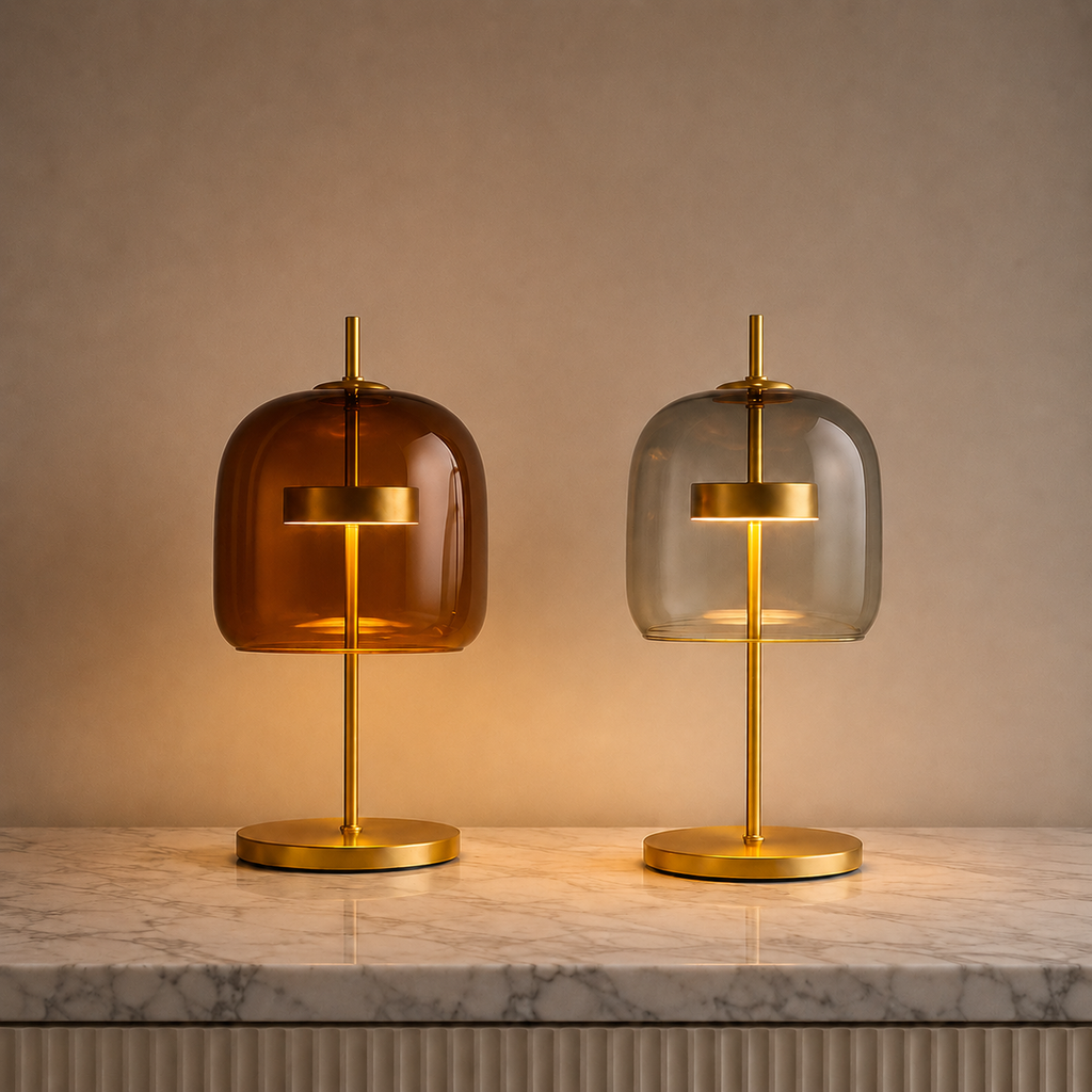 Table lamp with rounded tinted glass shade, central stem and circular base