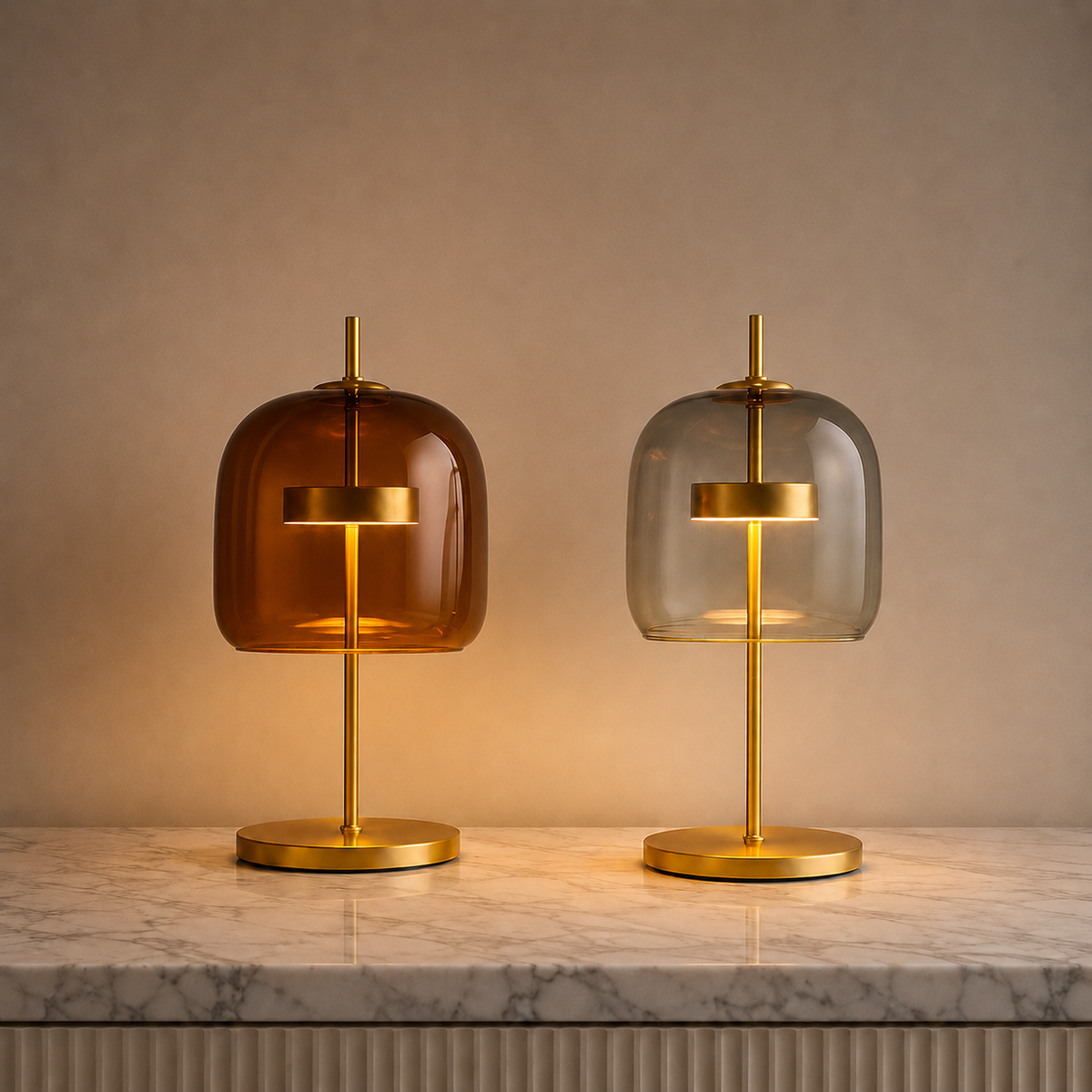 Table lamp with rounded tinted glass shade, central stem and circular base
