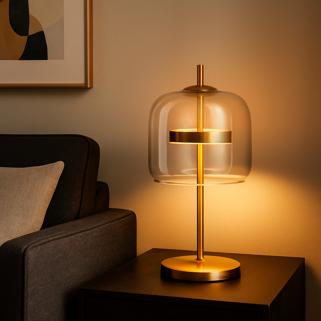 Table lamp with rounded tinted glass shade, central stem and circular base