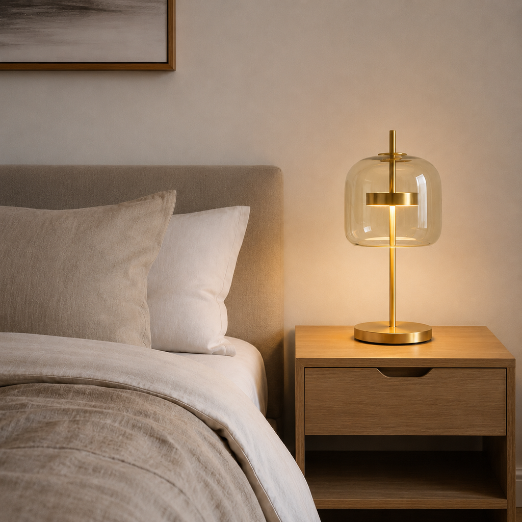 Table lamp with rounded tinted glass shade, central stem and circular base