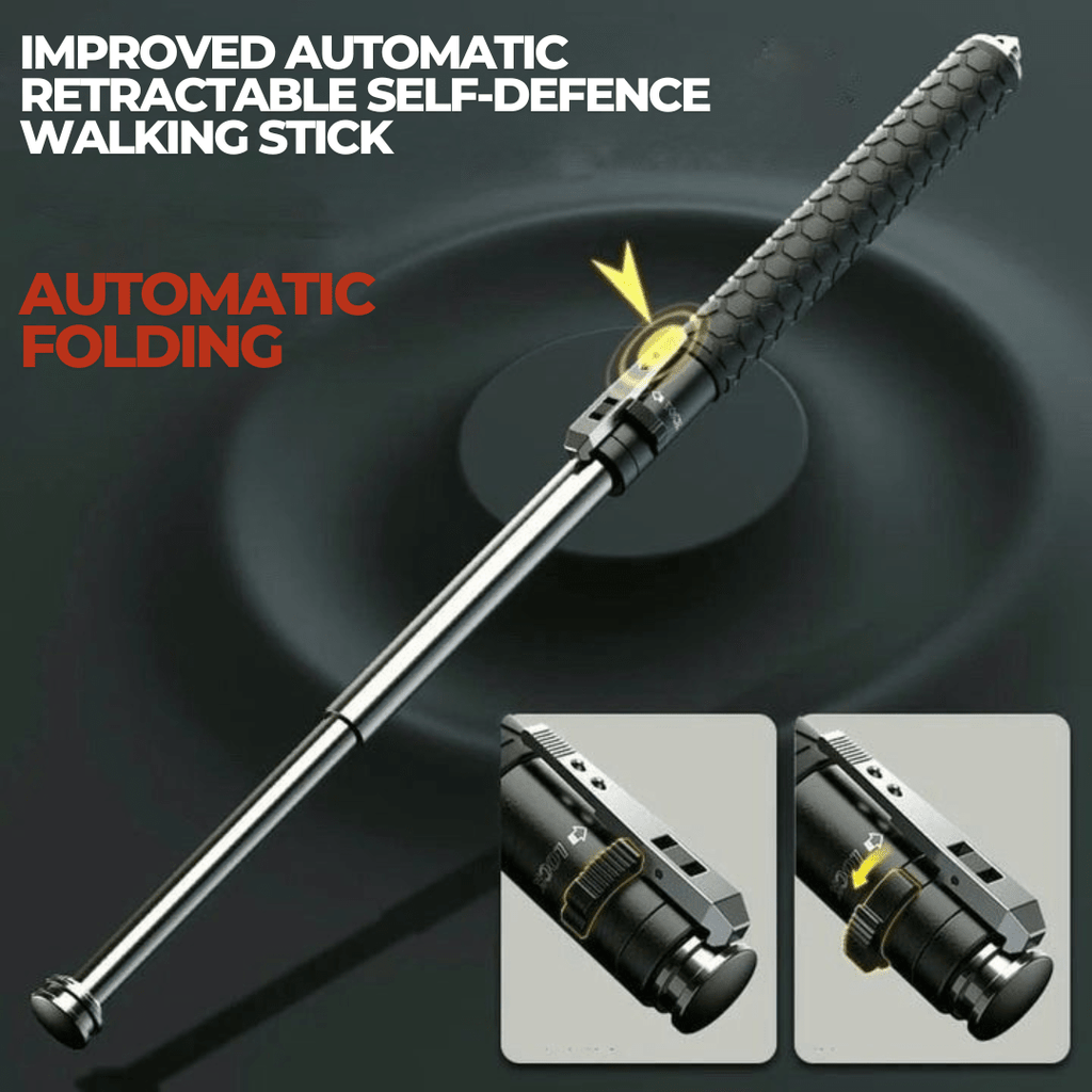 Retractable defence baton with silver telescopic shaft and textured black handle