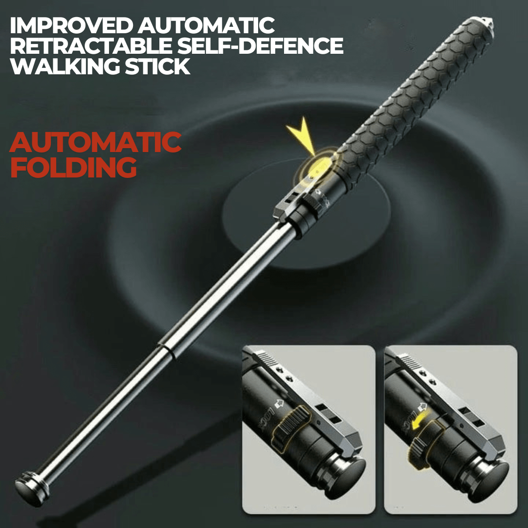Retractable defence baton with silver telescopic shaft and textured black handle