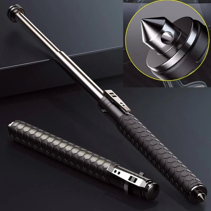 Retractable defence baton with silver telescopic shaft and textured black handle