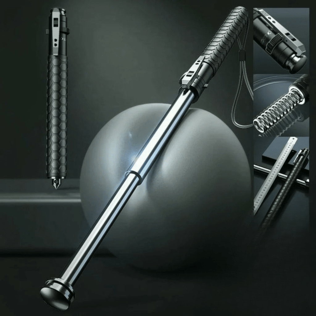 Retractable defence baton with silver telescopic shaft and textured black handle