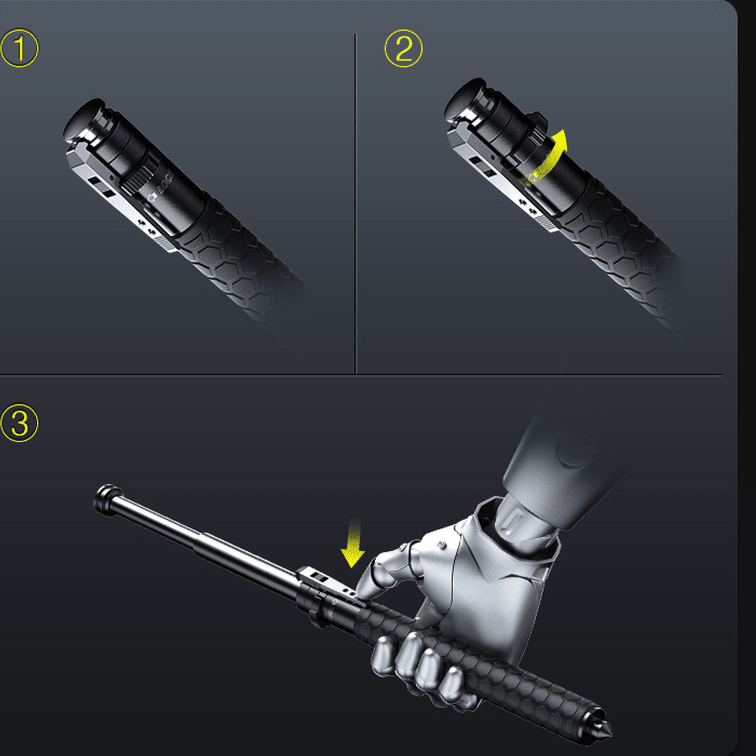 Retractable defence baton with silver telescopic shaft and textured black handle