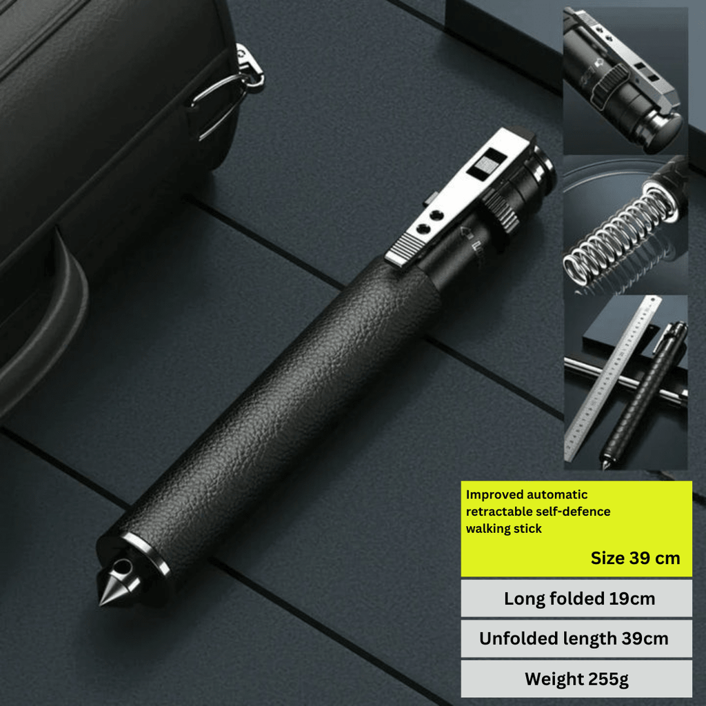 Retractable defence baton with silver telescopic shaft and textured black handle