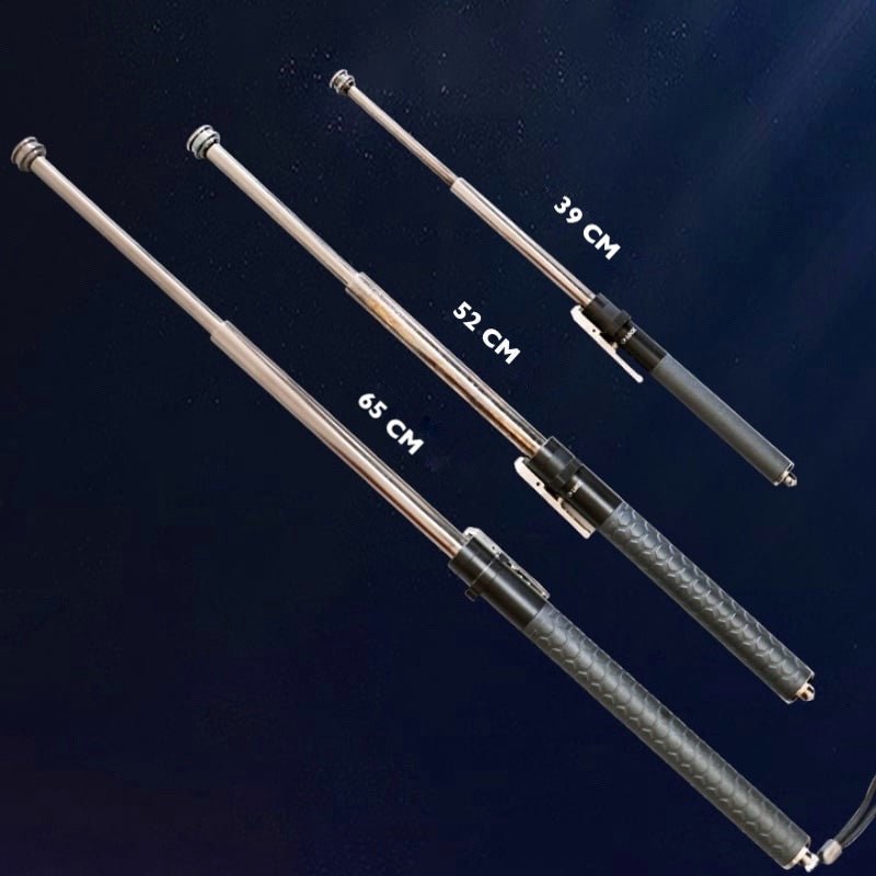Retractable defence baton with silver telescopic shaft and textured black handle