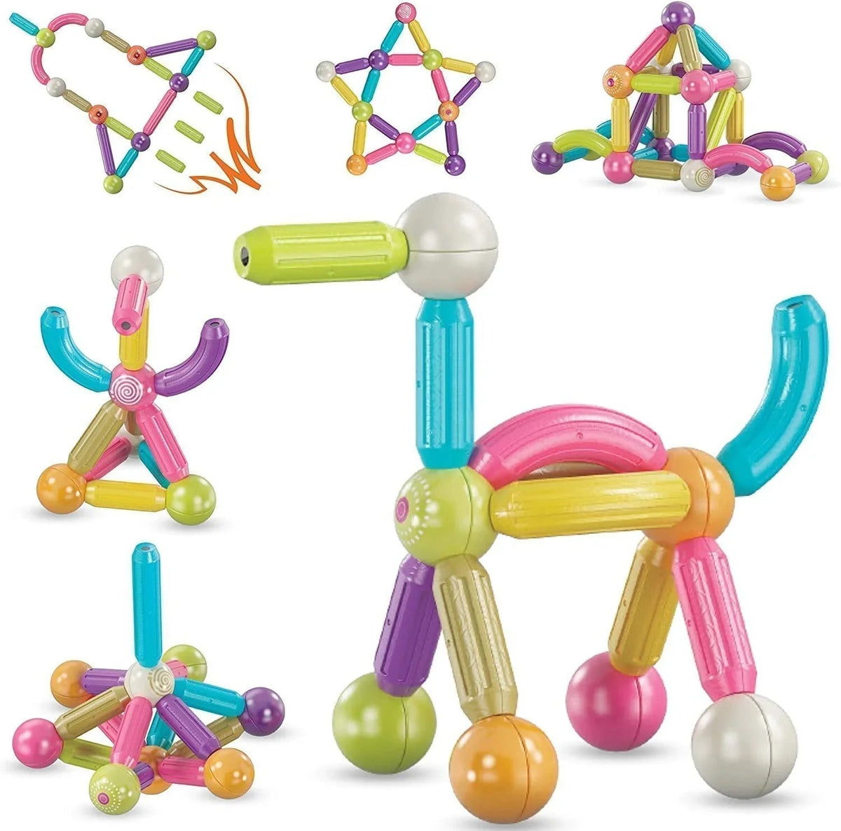 Colourful magnetic building blocks with connecting pieces and storage box