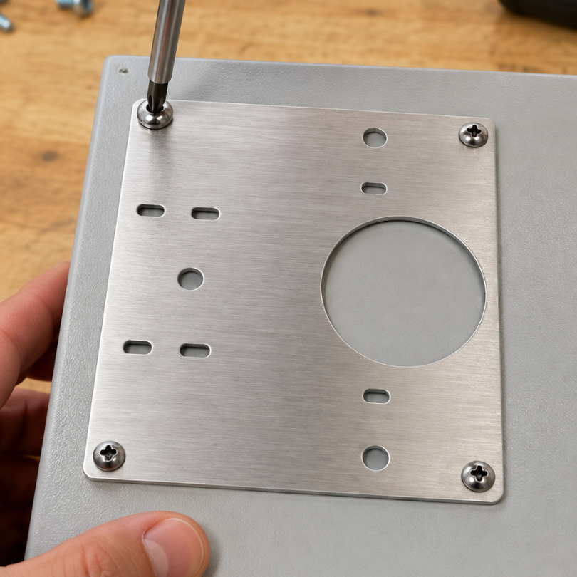 Silver metal furniture hinge repair plates with matching screws