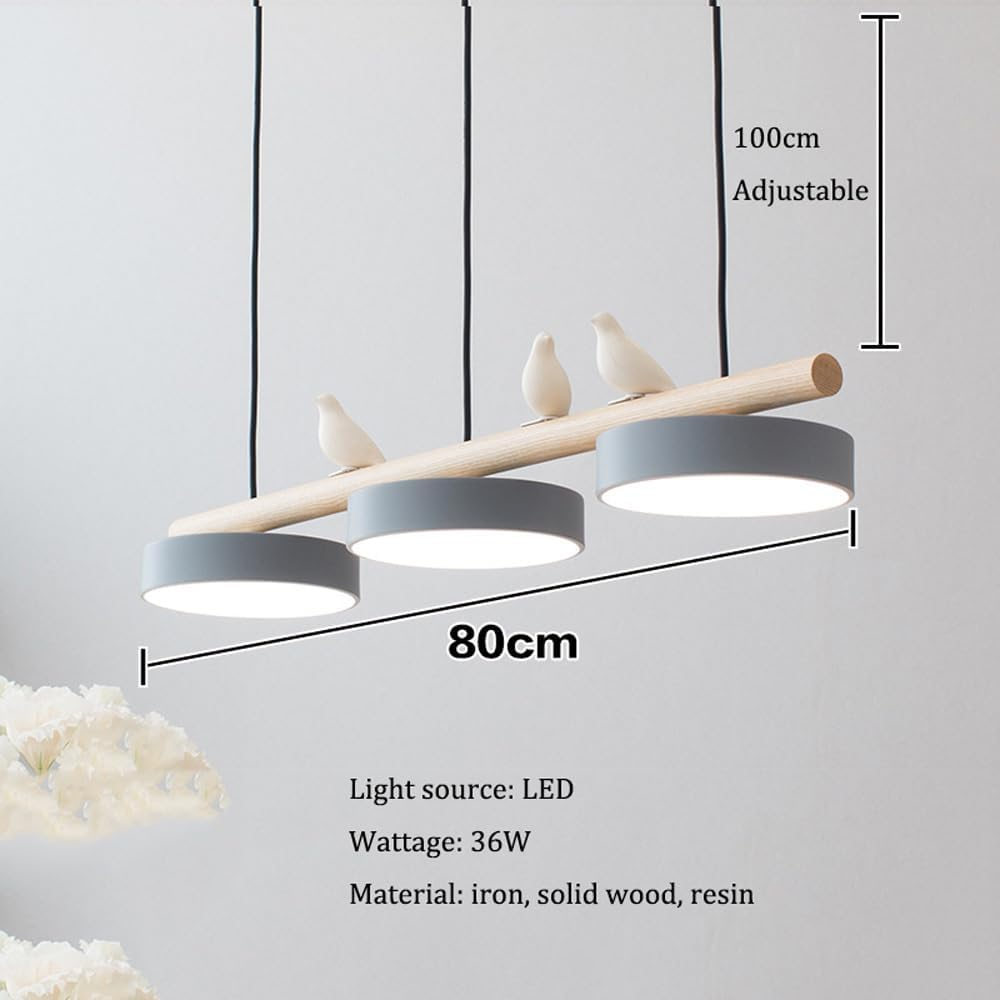 Three-shade LED pendant light with wood-effect bar and decorative bird figures