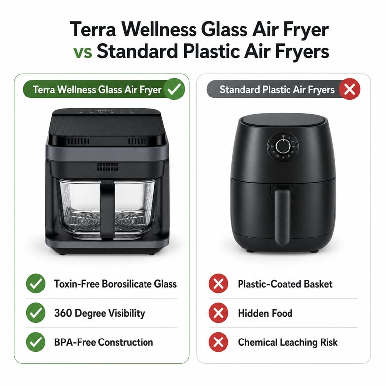 Black air fryer with clear glass basket and digital touch controls
