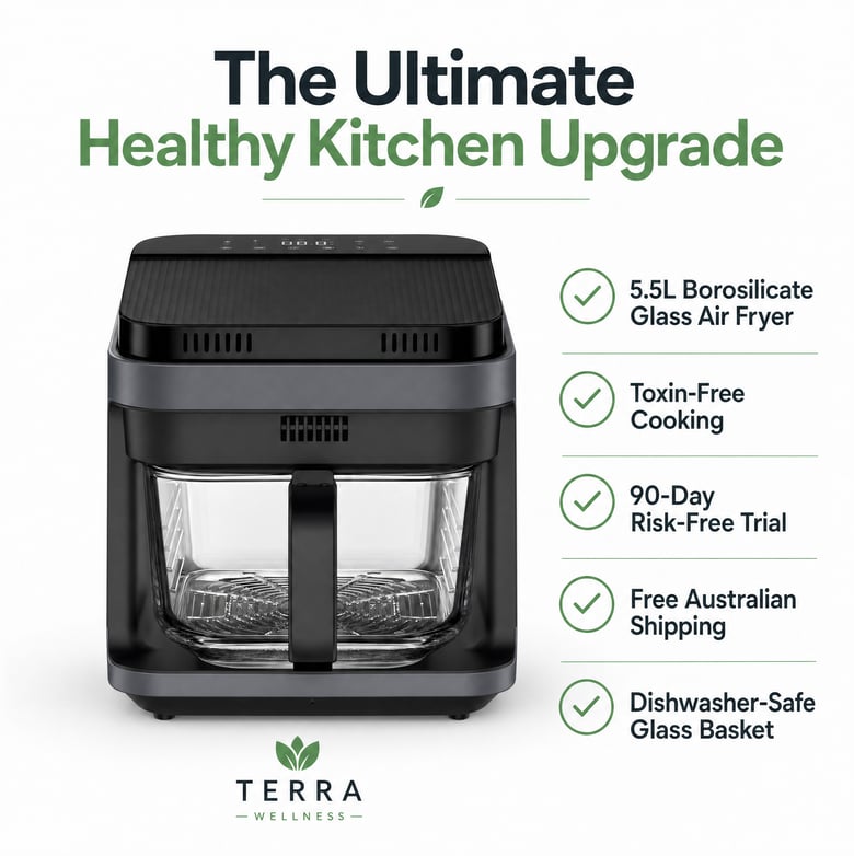 Black air fryer with clear glass basket and digital touch controls