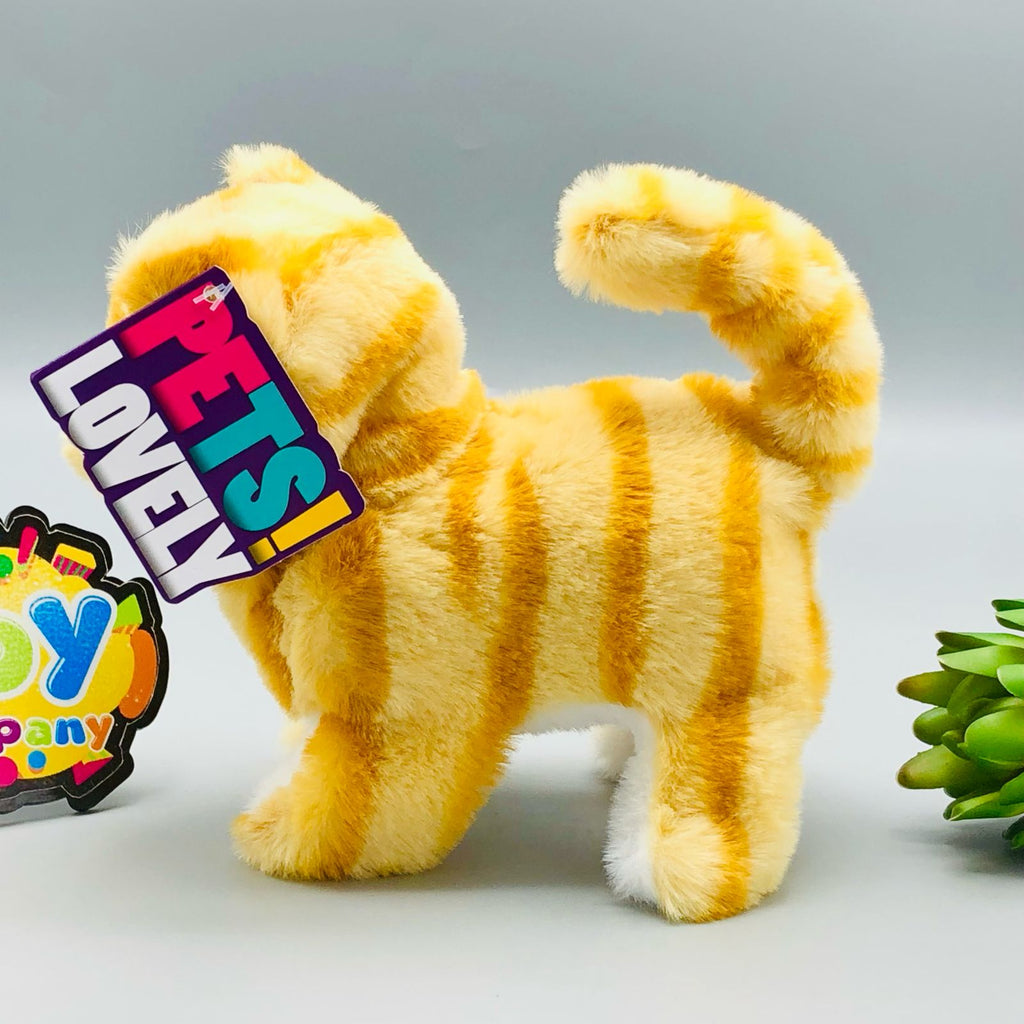 Walking plush cat toy with sound in white and orange striped designs