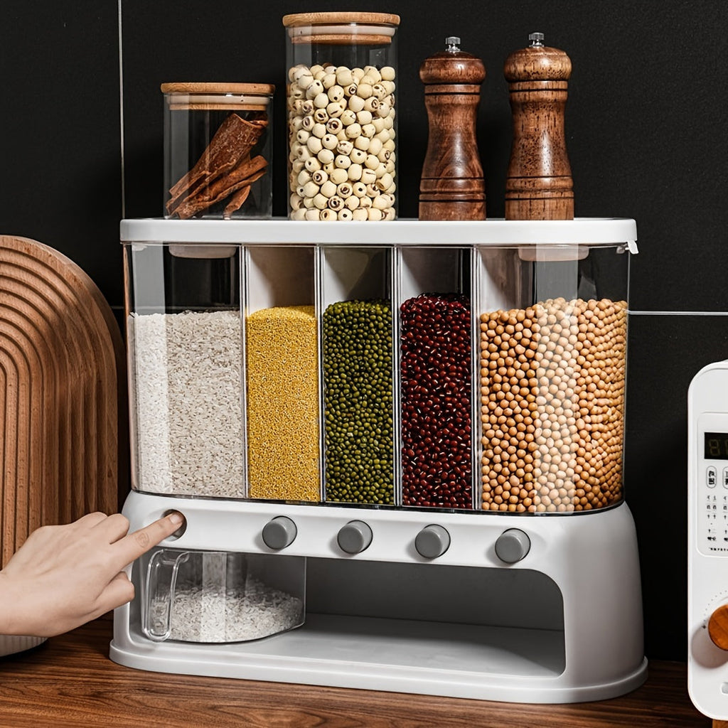 White five-compartment grain dispenser with clear bins and pull-out drawer