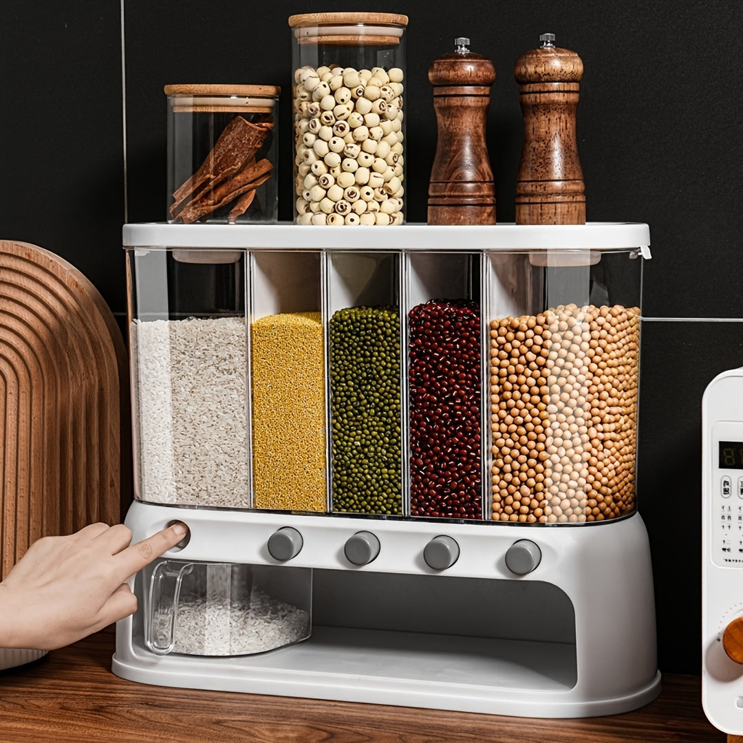 White five-compartment grain dispenser with clear bins and pull-out drawer