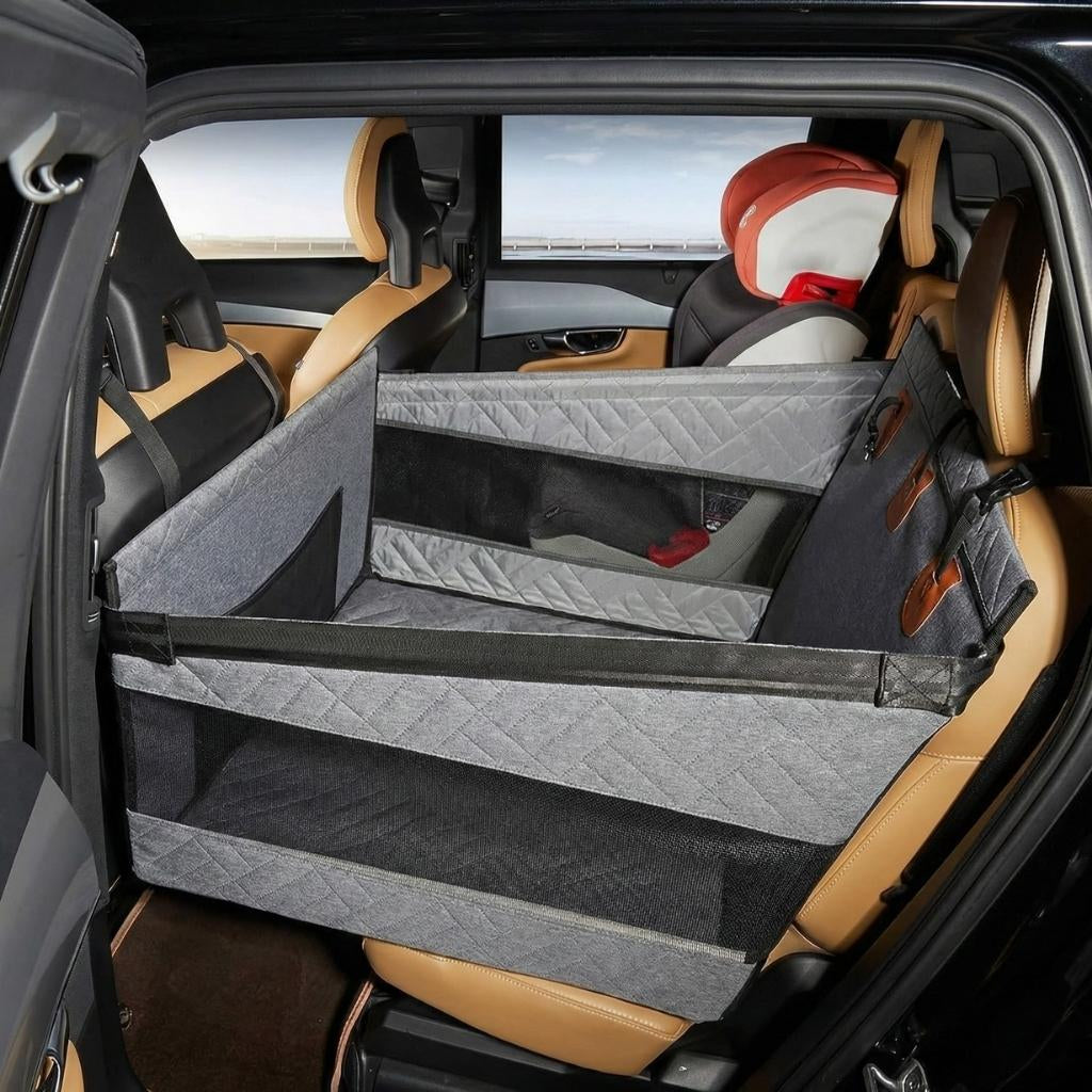 Structured dog car seat cover with hard base, quilted panels and mesh sections