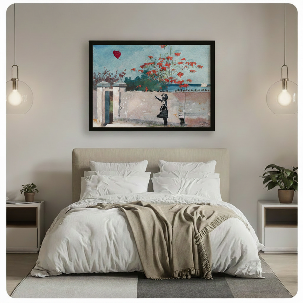 Canvas wall art of a girl reaching for a red balloon beside a coastal scene