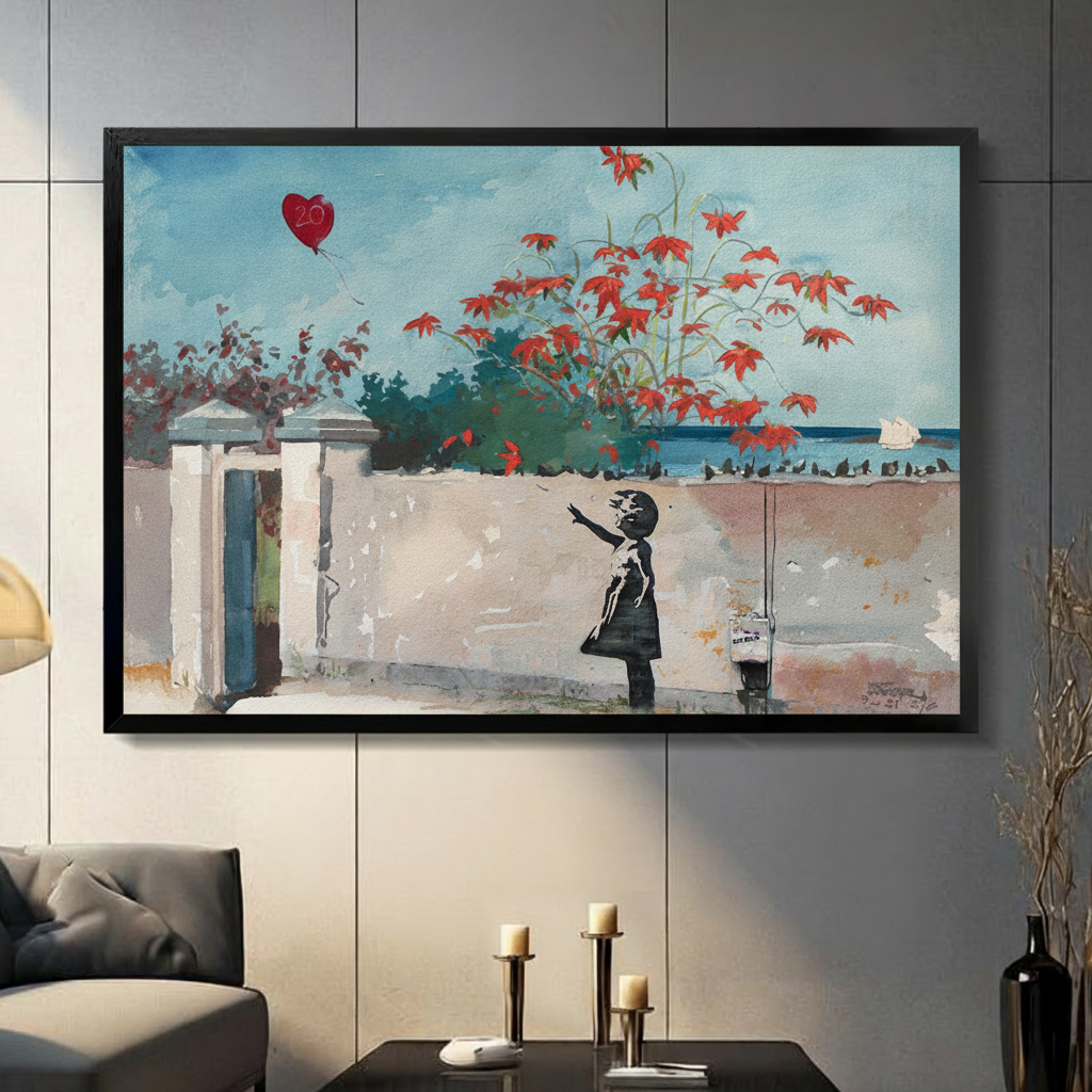 Canvas wall art of a girl reaching for a red balloon beside a coastal scene