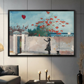 Canvas wall art of a girl reaching for a red balloon beside a coastal scene