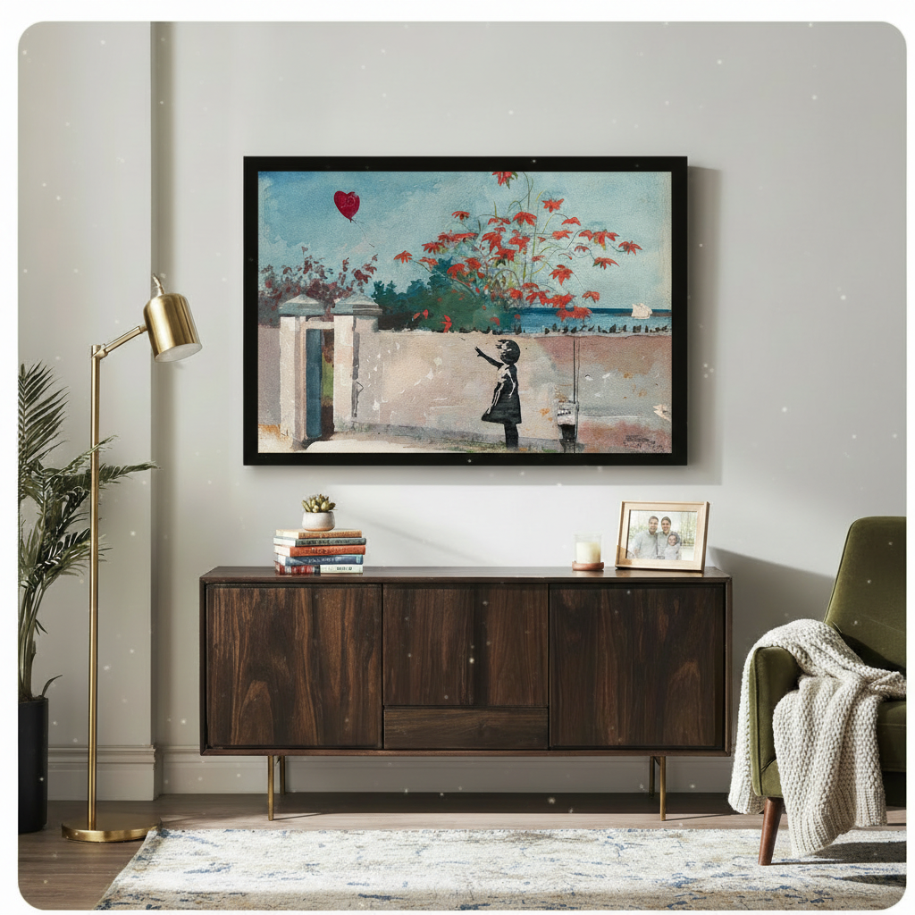 Canvas wall art of a girl reaching for a red balloon beside a coastal scene