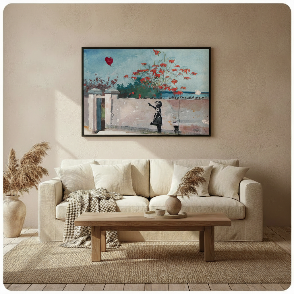 Canvas wall art of a girl reaching for a red balloon beside a coastal scene
