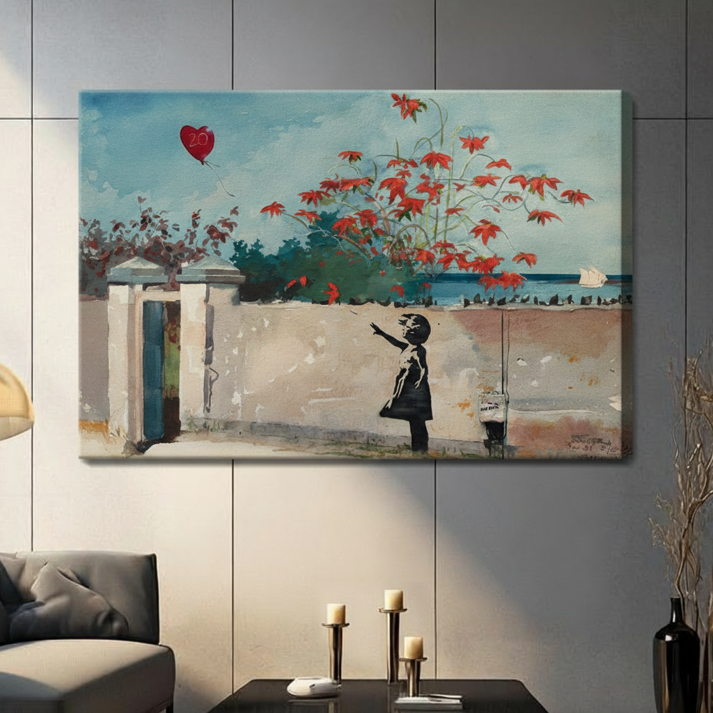 Canvas wall art of a girl reaching for a red balloon beside a coastal scene