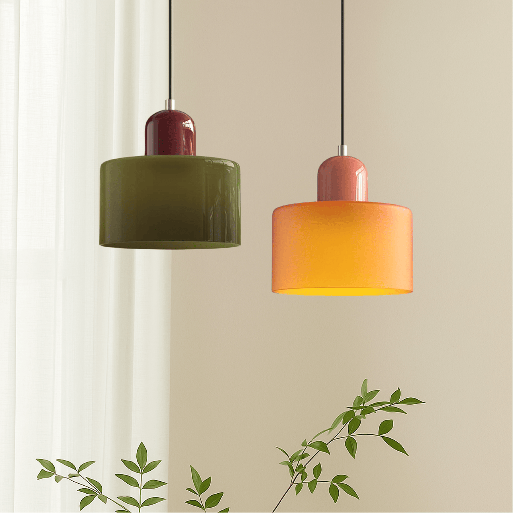 Bauhaus glass pendant ceiling light with rounded drum shade and hanging cord