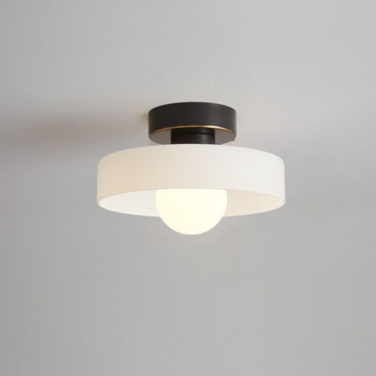 Round glass flush mount ceiling light with circular shade and globe diffuser