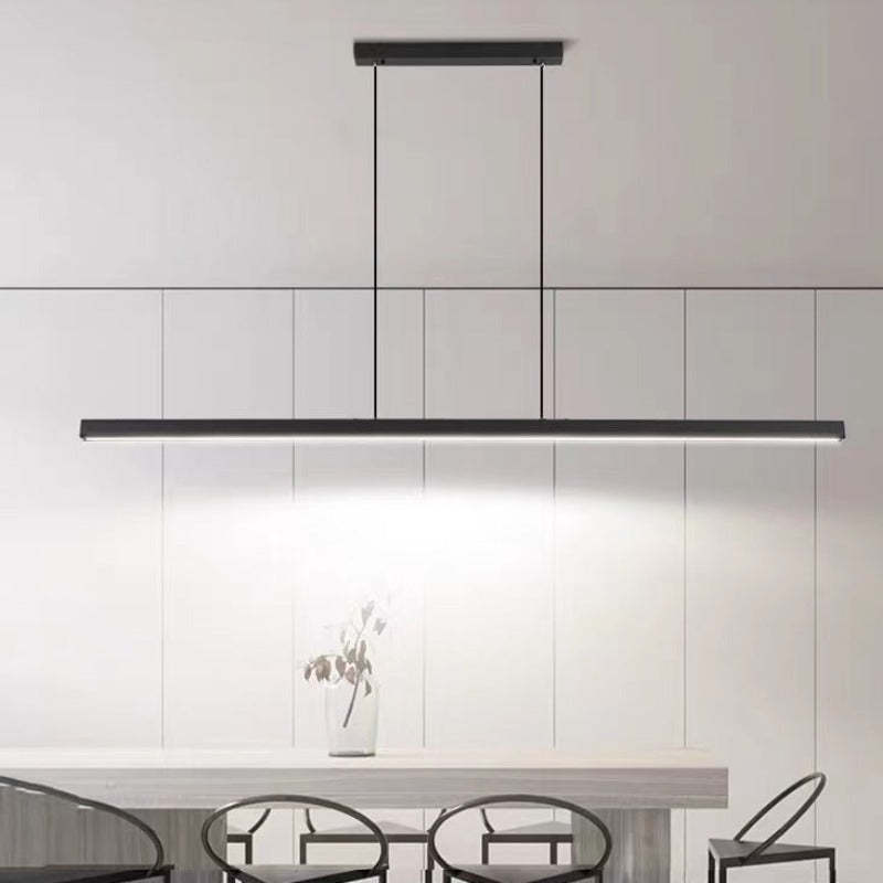Linear LED pendant light with slim metal bar and suspension wires