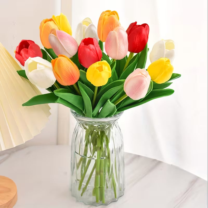 Artificial tulip bouquet with green stems and leaves
