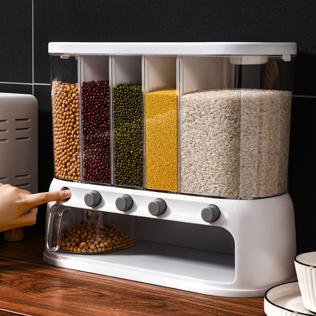White five-compartment grain dispenser with clear bins and pull-out drawer