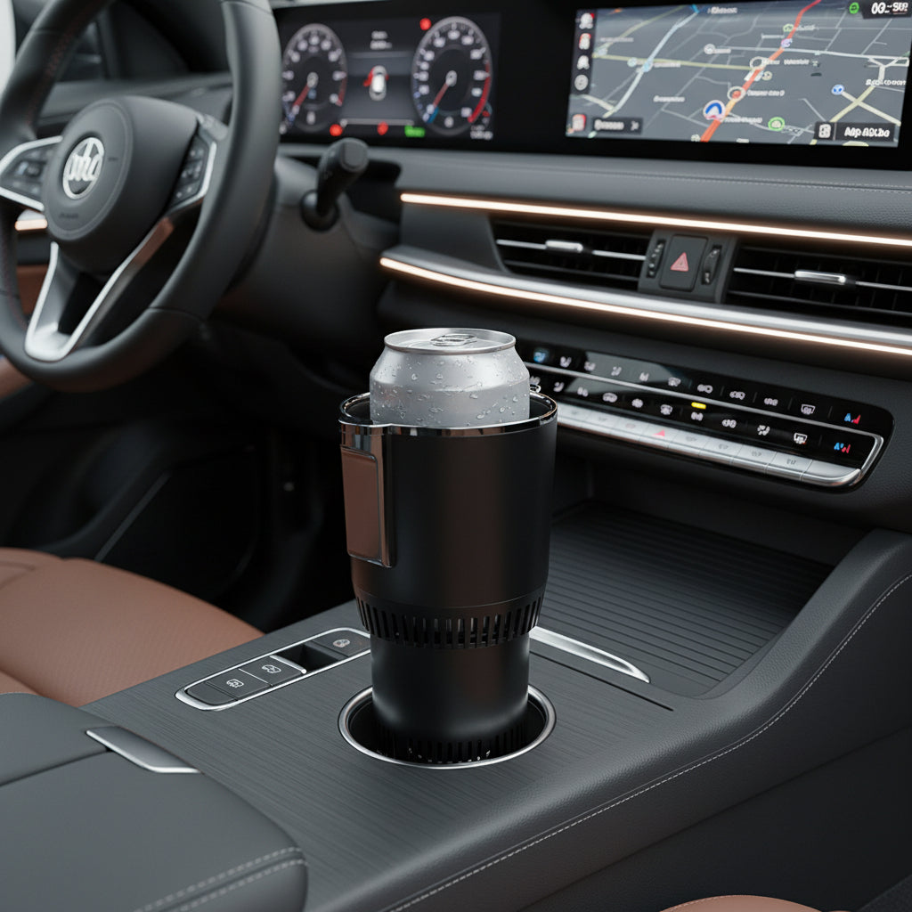Portable beverage warmer and cooler positioned in a car cup holder