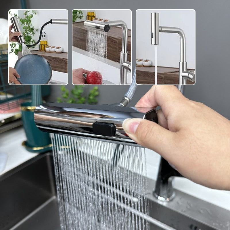 Chrome kitchen faucet attachment with flexible spray head over a sink