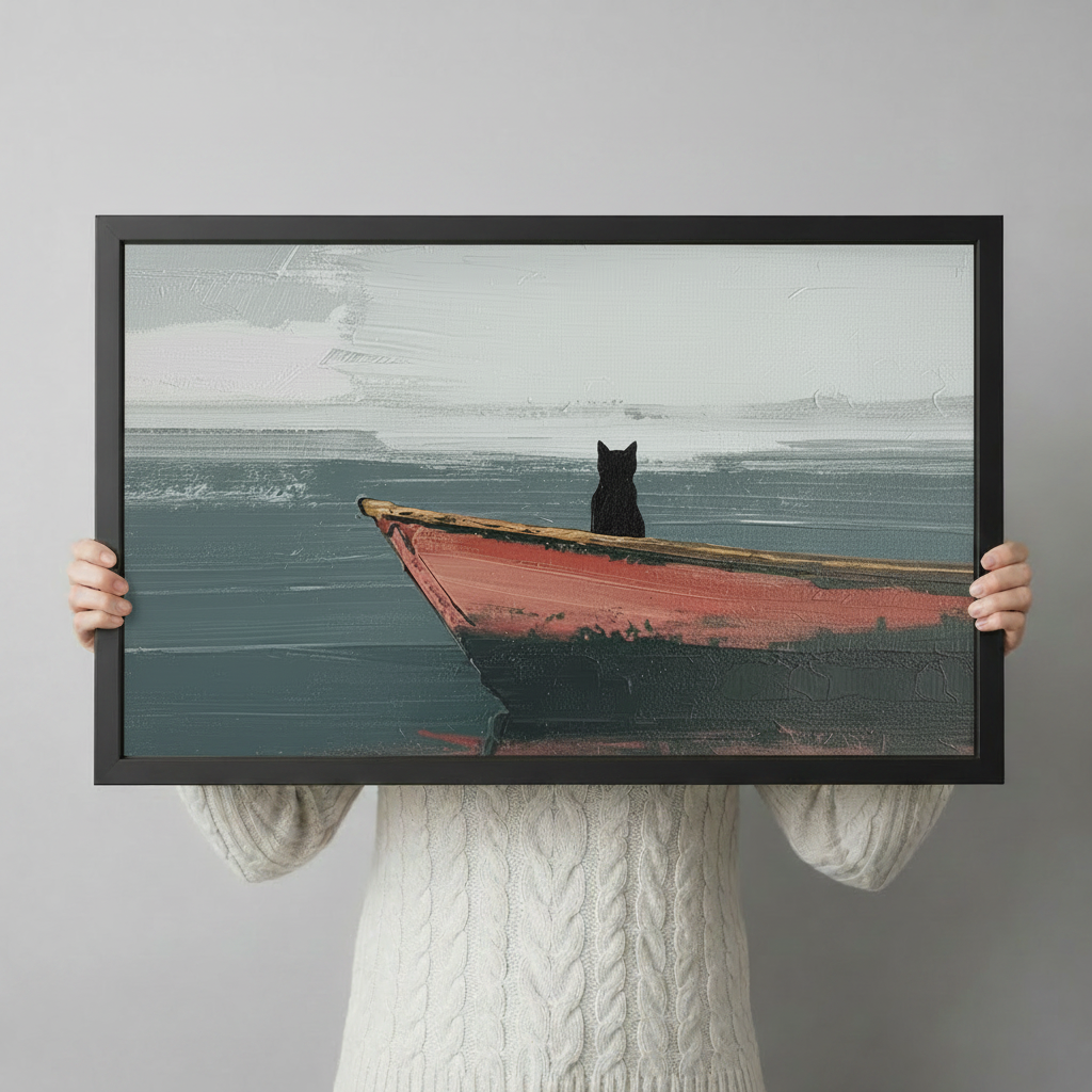 Canvas wall art showing a black cat in a red boat on a textured seascape