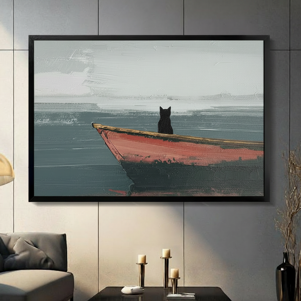 Canvas wall art showing a black cat in a red boat on a textured seascape