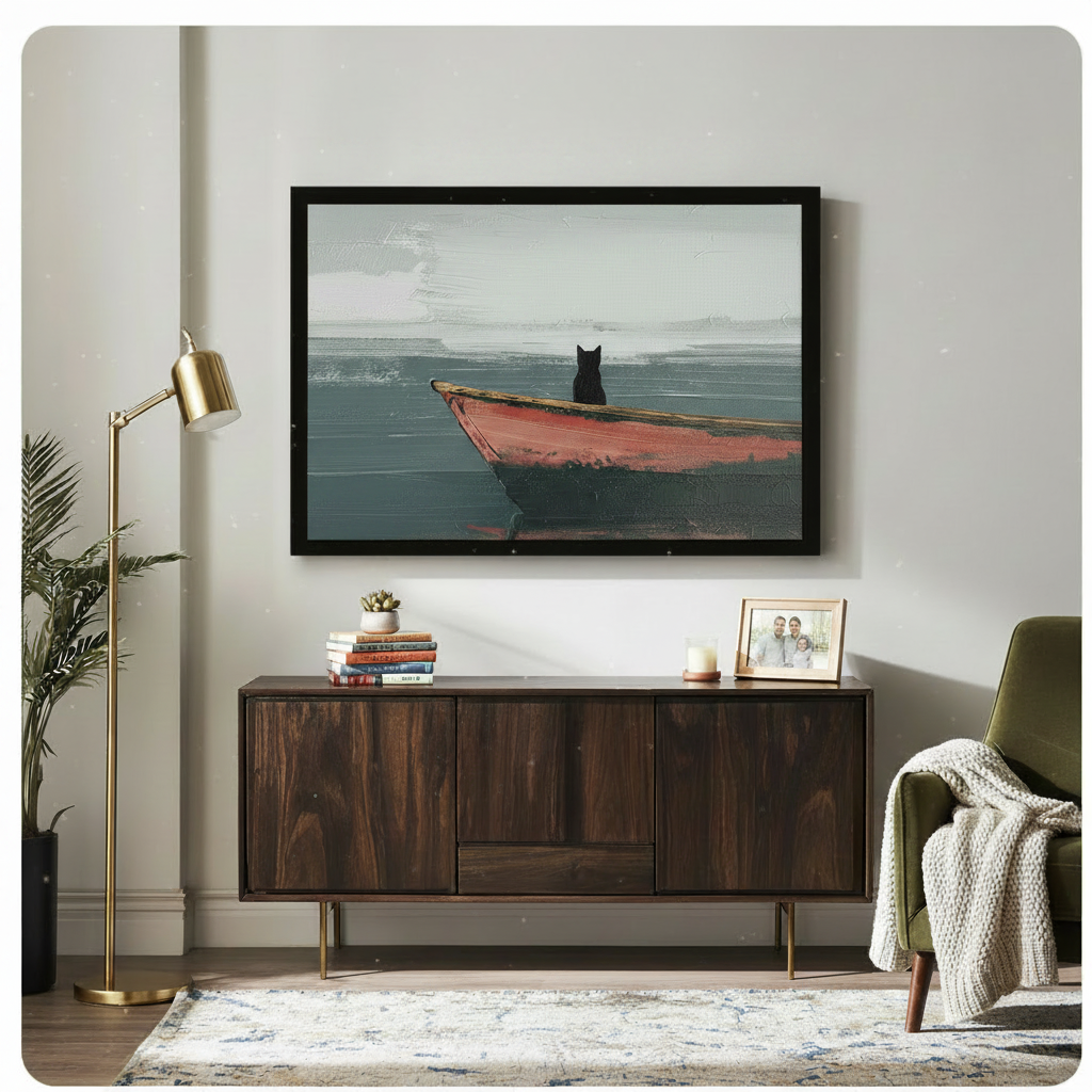 Canvas wall art showing a black cat in a red boat on a textured seascape