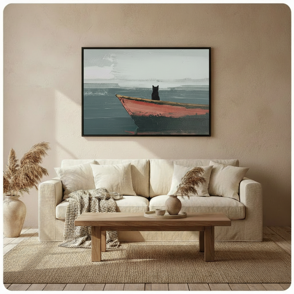 Canvas wall art showing a black cat in a red boat on a textured seascape