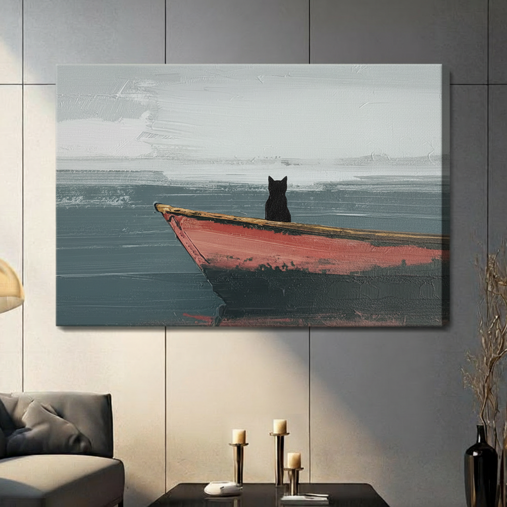 Canvas wall art showing a black cat in a red boat on a textured seascape