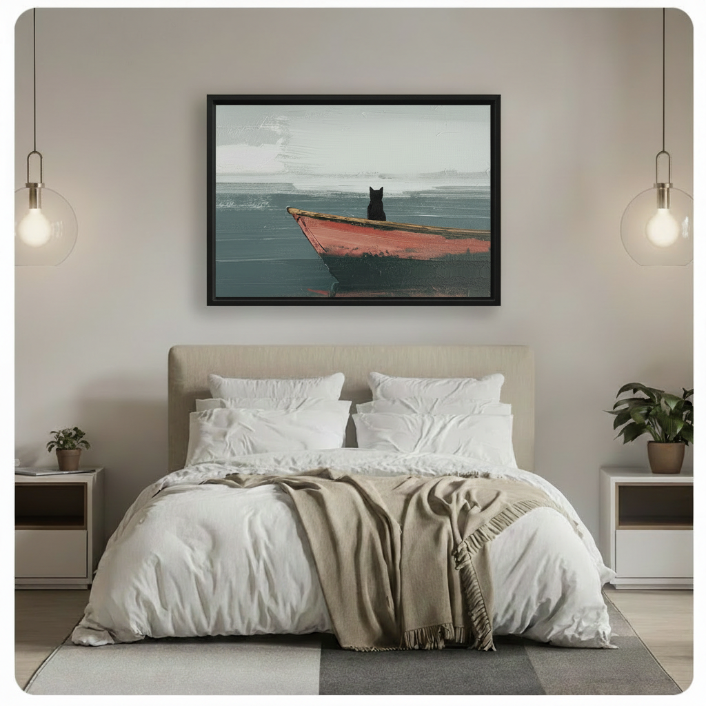 Canvas wall art showing a black cat in a red boat on a textured seascape