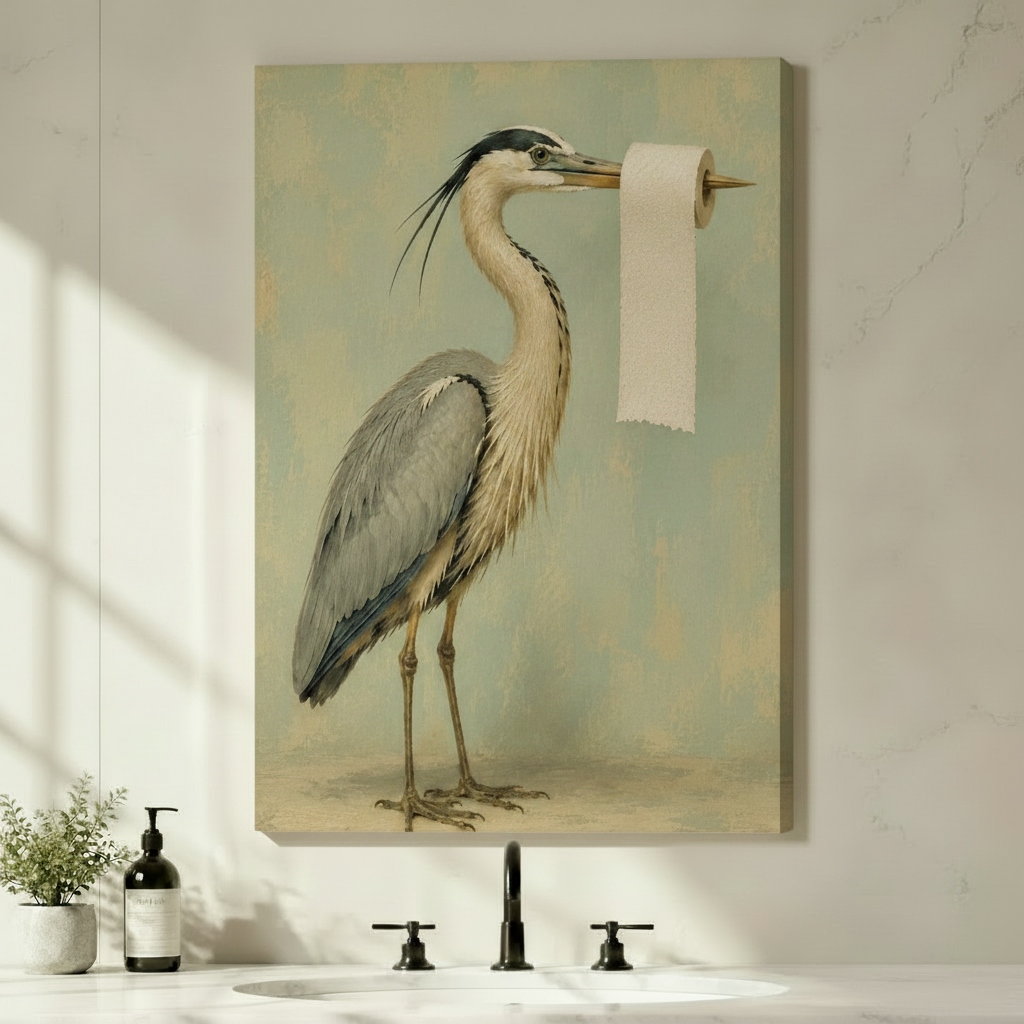 Vintage heron bathroom wall art holding a toilet paper roll