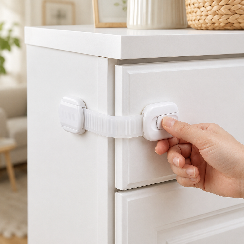 White adhesive strap cabinet locks fitted across a cabinet door